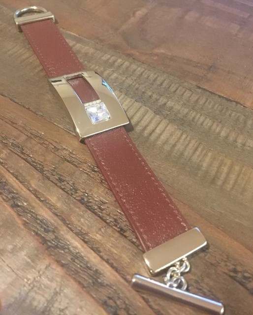 White House Black Market Brown Leather Gold Crystal Bracelet eBay