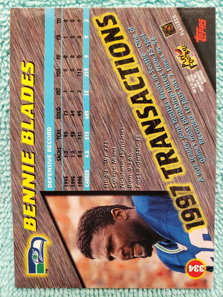 1997 TOPPS STADIUM CLUB BENNIE BLADES #334 SEATTLE SEAHAWKS TRANSACTIONS - Image 4 of 4