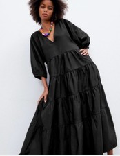 ZARA Black Tiered Maxi Dress Womens L US L Cotton Blend Puff Sleeve V Neck Boho