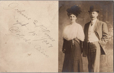 RPPC 1907 Edwardian Couple Feathered Hat Bowler Derby Mustache Portrait