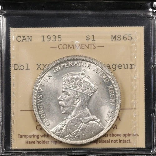 1935 $1 ICCS MS65 *Dbl Voyageur & Dbl XXV* Canada Silver Dollar  - GEM