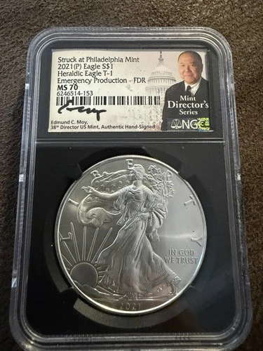 2021 $1 SILVER EAGLE NGC MS70 EDMUND MOY SIGNED MINT DIRECTOR'S SERIES TYPE 1