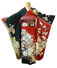 Long Sleeve Furisode Kimono with Bag Obi and Obiage, Used, No Damage