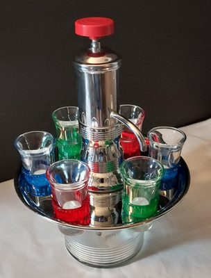 Cool! Park Sherman MCM Chrome Liquor Dispenser with 6 Colorful Shot Glasses 