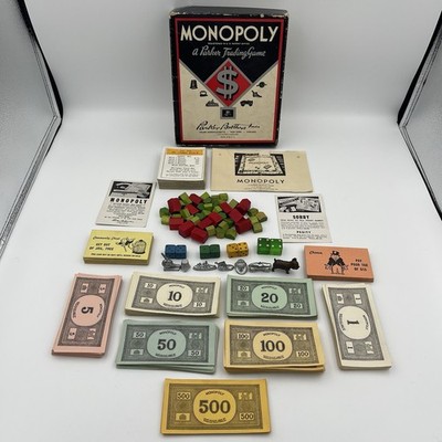 Vintage 1930s/1940s Parker Bros Monopoly Game Original Pieces Wooden - NO BOARD