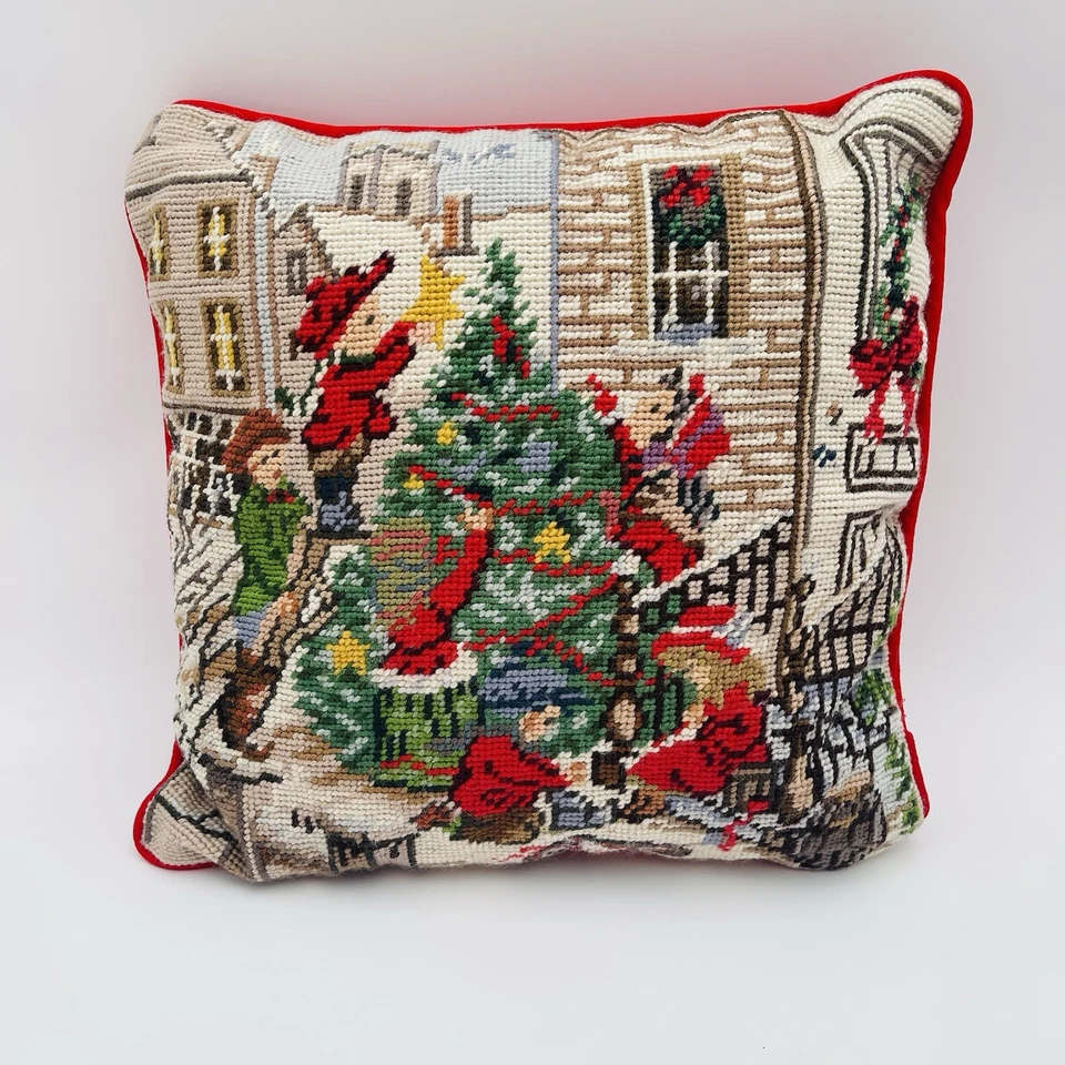 Vintage Handmade Christmas Wool Needlepoint Throw Pillow Velvet Tree 12"x12" - Image 2 of 4