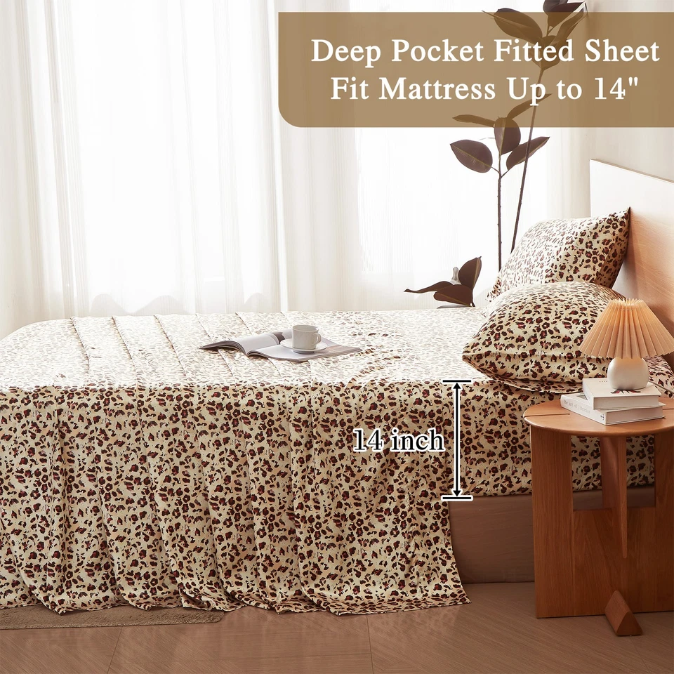 Leopard Pattern Satin Sheet Set 4Pcs Faux Silky Sheets Ultra Soft Wrinkle Free - Image 4 of 4