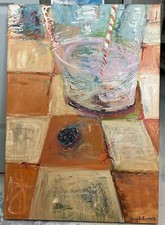 "Blackberry Glass", Abstract Original Oil Painting, Kitchen Art, Food