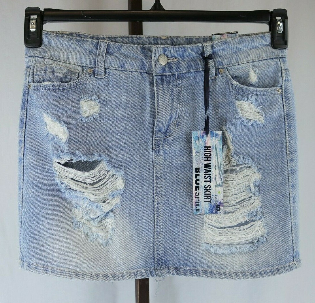 Blue Spice Juniors Teen Blue Denim Distressed Mini Jean Skirt Size NEW