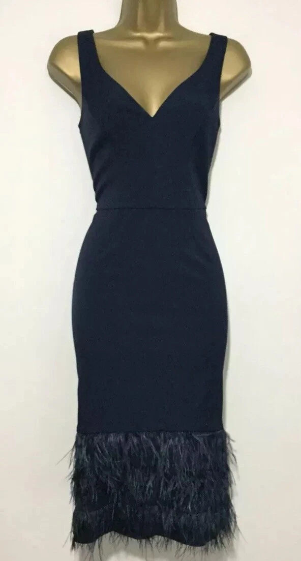 COAST NAVY BLUE FEATHER HEM FITTED OCCASION WEDDING MIDI DRESS SIZE 14