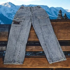 Vintage  90’s Bugle Boy Mountain Patrol Acid Wash Cargo Jeans H2 Size 31M