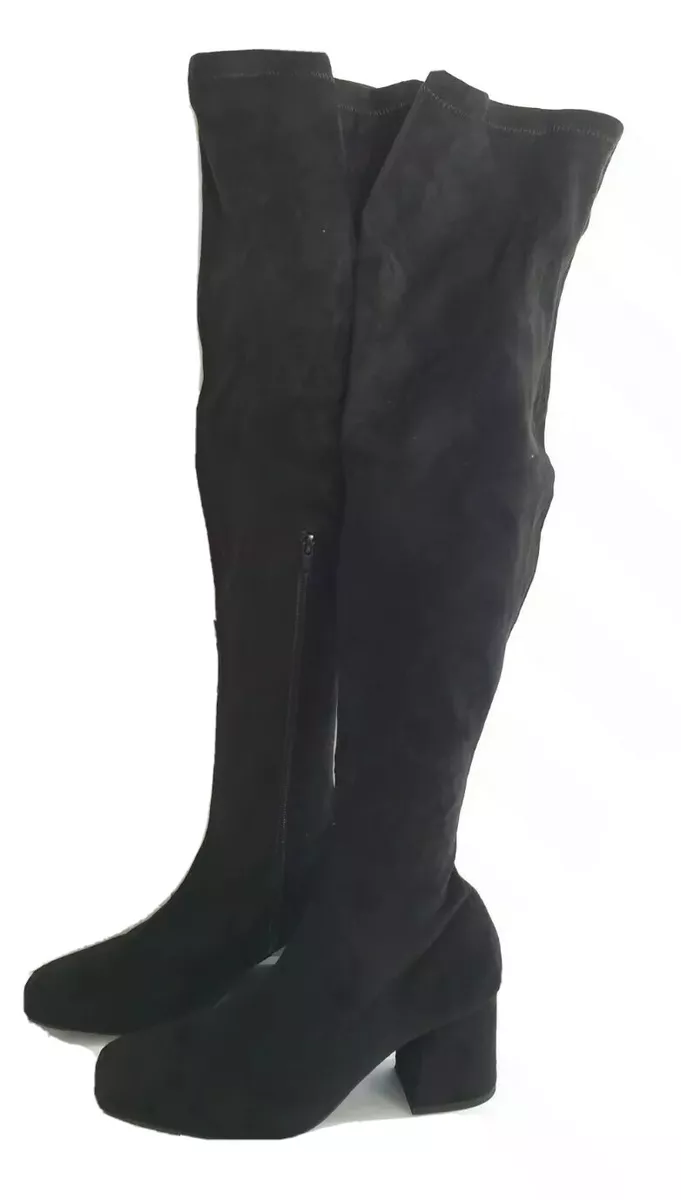 Missguided Black Square Toe Block Heel Over The Knee Sock Boots UK