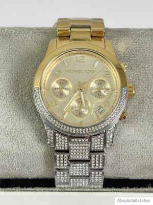 NEW Michael Kors Runway Two Tone Gold Silver Pave Glitz Watch