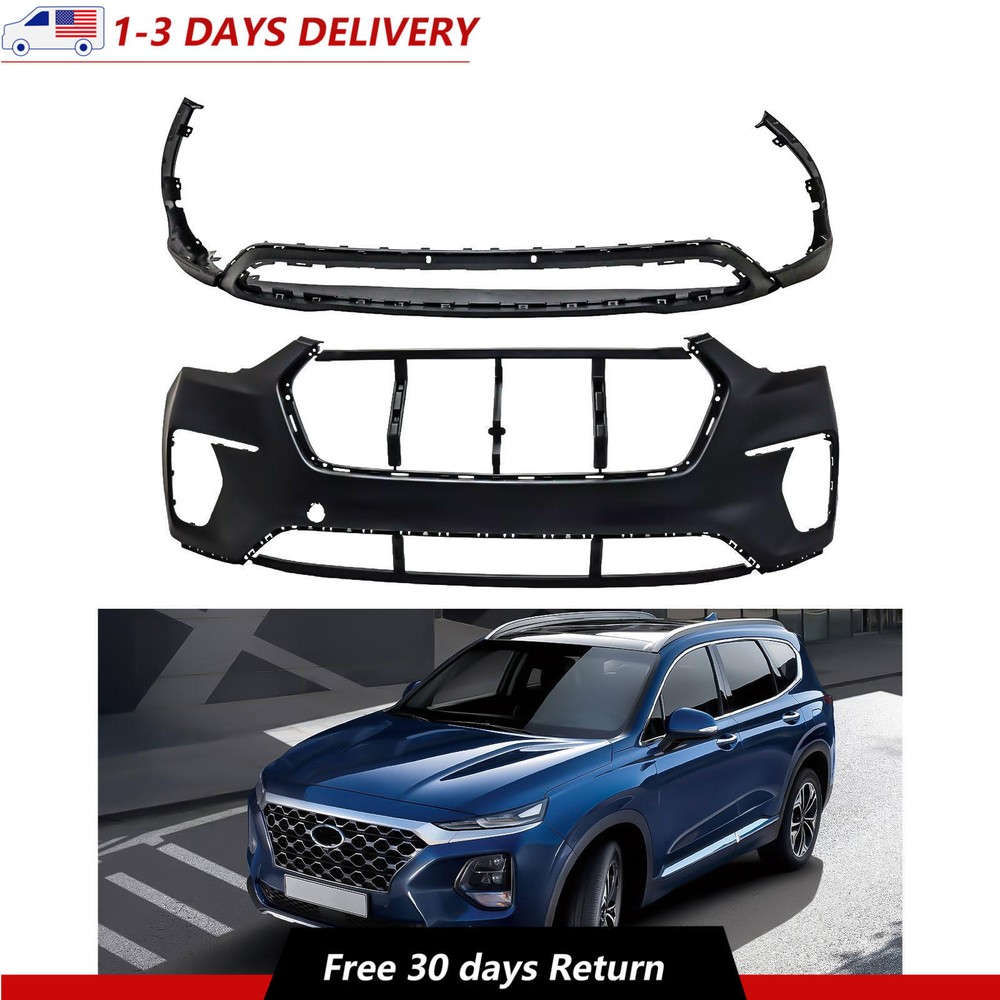 2PC Front Lower Upper Bumper Cover Fascia For 2017 2018 2019 Hyundai Santa Fe