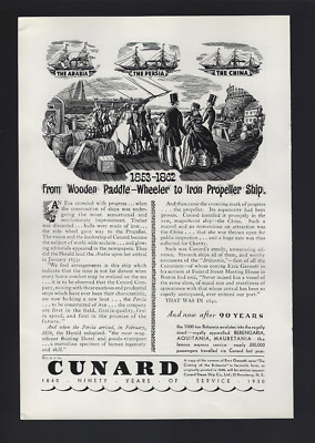 1930 Cunard Line 1853-1862 Wooden Paddle Wheeler - Iron Propeller Ship Print Ad