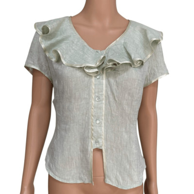 Linen blouse top light green ruffle neck line size M