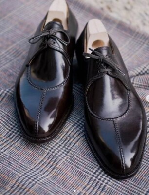 Handmade Men's Black Derby Round Toe Dress Shoes, Genuine Leather Office Shoes