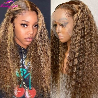 4/27 Highlight Wig Kinky Curly Human Hair Wigs Ombre Colored Curly Lace Part Wig