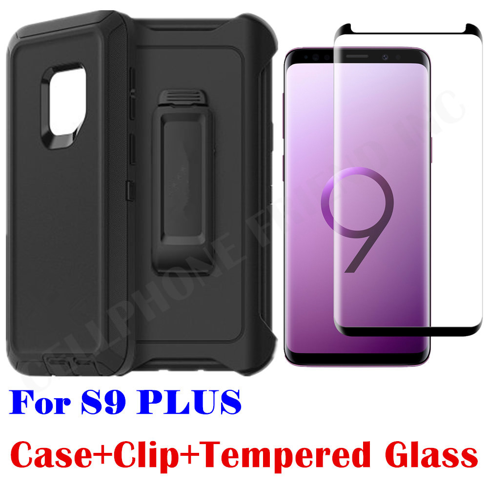 For Samsung Galaxy S9 Plus Case with Belt Clip Tempered Glass Screen Black