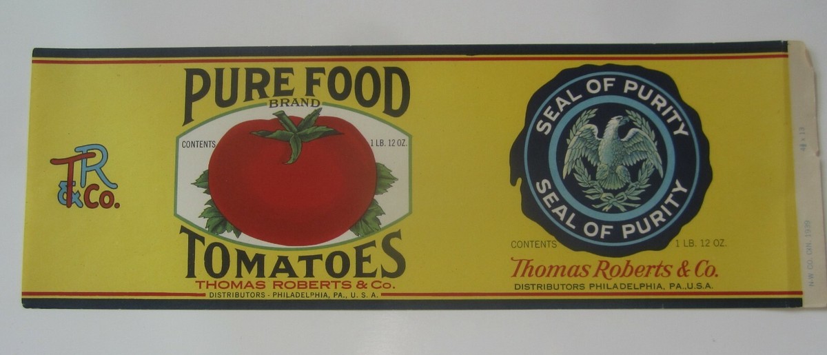 Old Vintage 1939 Pure Food TOMATO - CAN LABEL - Thomas Roberts