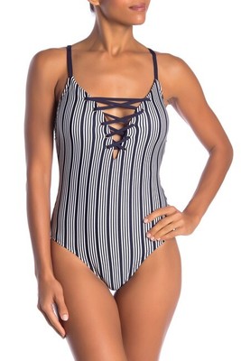 navy and white striped swimsuit