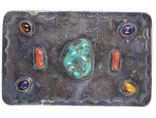 Big Vintage Navajo turquoise,coral, amethyst Sterling silver belt buckle