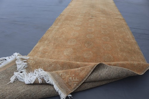 10 ft Afghan Vintage Terracotta Runner Rug- Beige Handmade 100% Wool Bukhara Rug - Picture 6 of 11