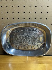 Vintage Pewter Bread Tray W/ Embossed Design And Phrases, Made In USA