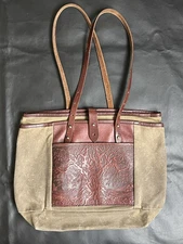 Oberon Design Tree of Life Everyday Tote Canvas Dark Olive Wine Leather Handbag