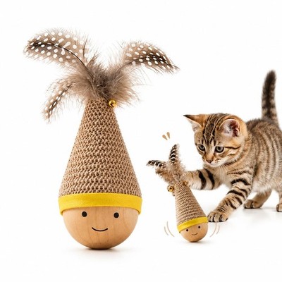 Interactive Cat Toys for Indoor Cats, Wobble Cat with Feather & Bell, -Righti...