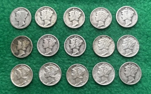 Mercury Dime Lot of 15 - 90% Silver - Nice Variety of Dates - Worth a Look!!