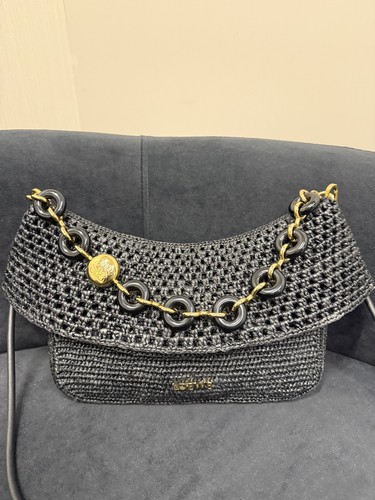 AUTH LOEWE x Paula's Ibiza Ola Medium Black Raffia Gold Hardware Crossbody Bag