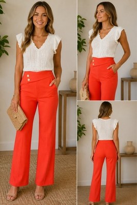 SOHO Apparel Ltd Wide Leg Sailor Pants Coral Red High Rise Size Large NWT