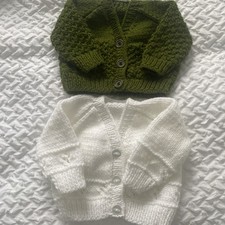 BNWOT, 2,  first size/newborn/baby cardigans, white/olive green hand made.
