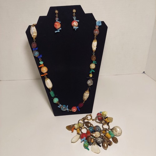 Chunky Colorful Shell Necklace, Charm Bracelet, Dangle Earrings Set