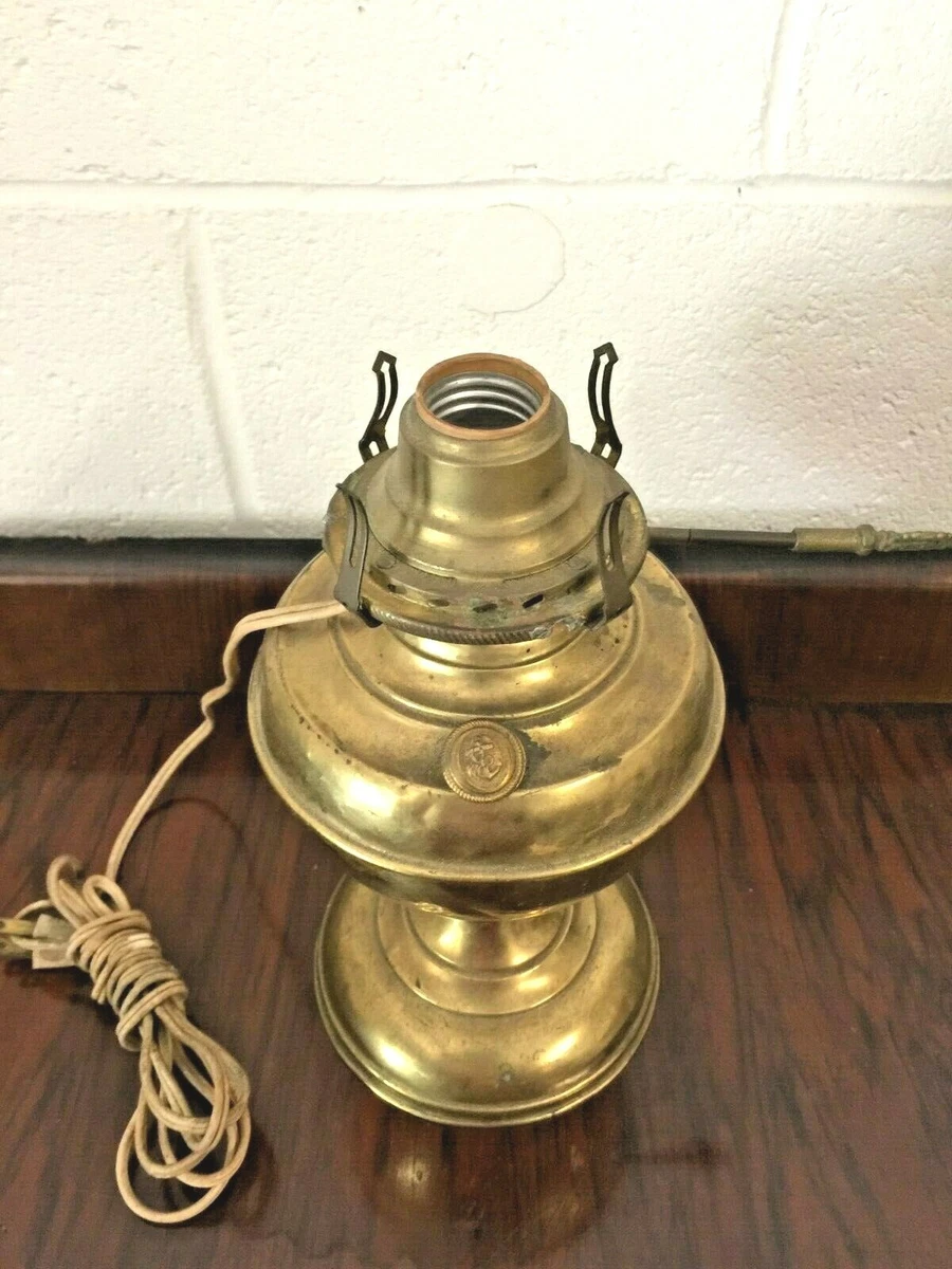 Antique Brass Oil Lamp Converted to Electric with Glass Shade