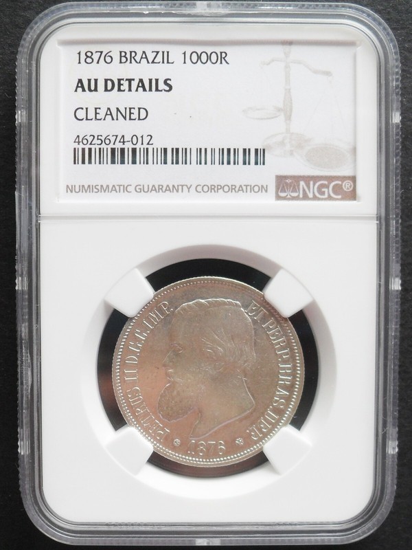 1876  Brazil 1000 R,  NGC  AU details , nice silver  coin  #16 -13. 