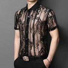 Men Striped Lace Mesh Shirt Sheer See-Through Slim Fit Short Sleeve Blouse Top