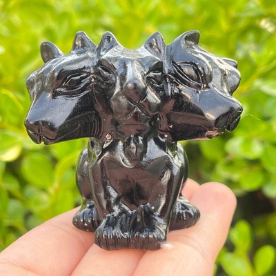 1pc Natural obsidian cerberus hand carved Quartz Crystal skull Reiki gift 2''