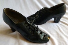 ORIGINAL Antique 1920s BLACK LEATHER Peep Toe Lace Up Heals Shoes Size 5 1/2