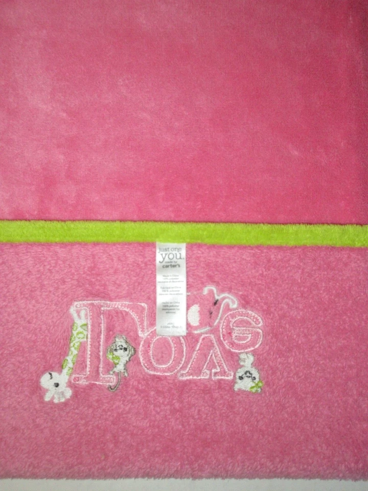 Manta bebé Just One You Love rosa verde ribete elefante jirafa mono felpa Foto 3 de 4