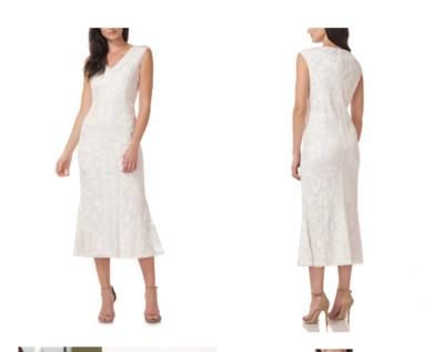 JS COLLECTIONS SOUTACHE BEADED V-NECK WHITE MIDI DRESS sz 2