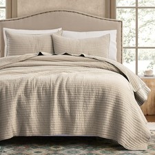 100 Cotton Queen Size Quilt Set - Beige Neutral Striped Pick Stitch Soft Lig...