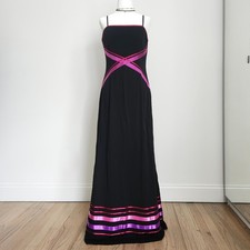 Vtg 90s Black Evening Gown Sz 8 Corset Maxi Dress Satin Trim‎ Goth Formal Papell