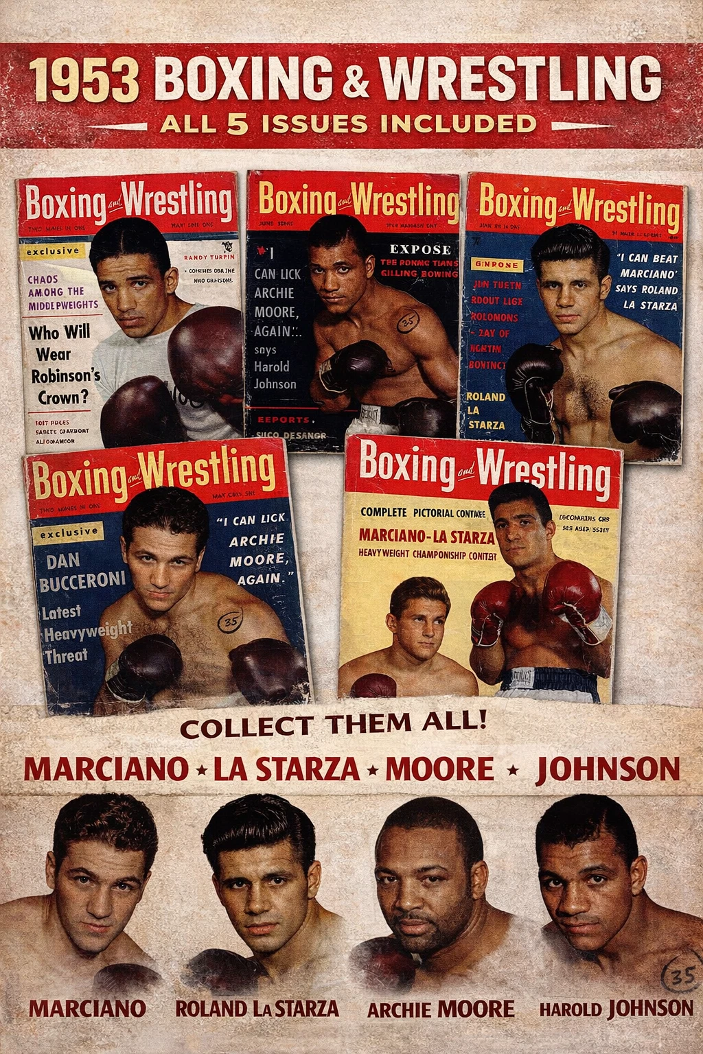 ヴィンテージ ボクシング&レスリング 雑誌 1953年 5 個セット | マルシアーノ・ラ・スターザ・ムーア - 画像1/19