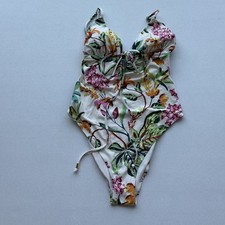 H M MED One Piece Swimsuit Tropical Lined V-neck Adjustable Padded Cutaway EUC