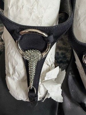 Gucci Black Leather Strappy Sandals Jeweled Metal Ring Buckle Women's Size 7   