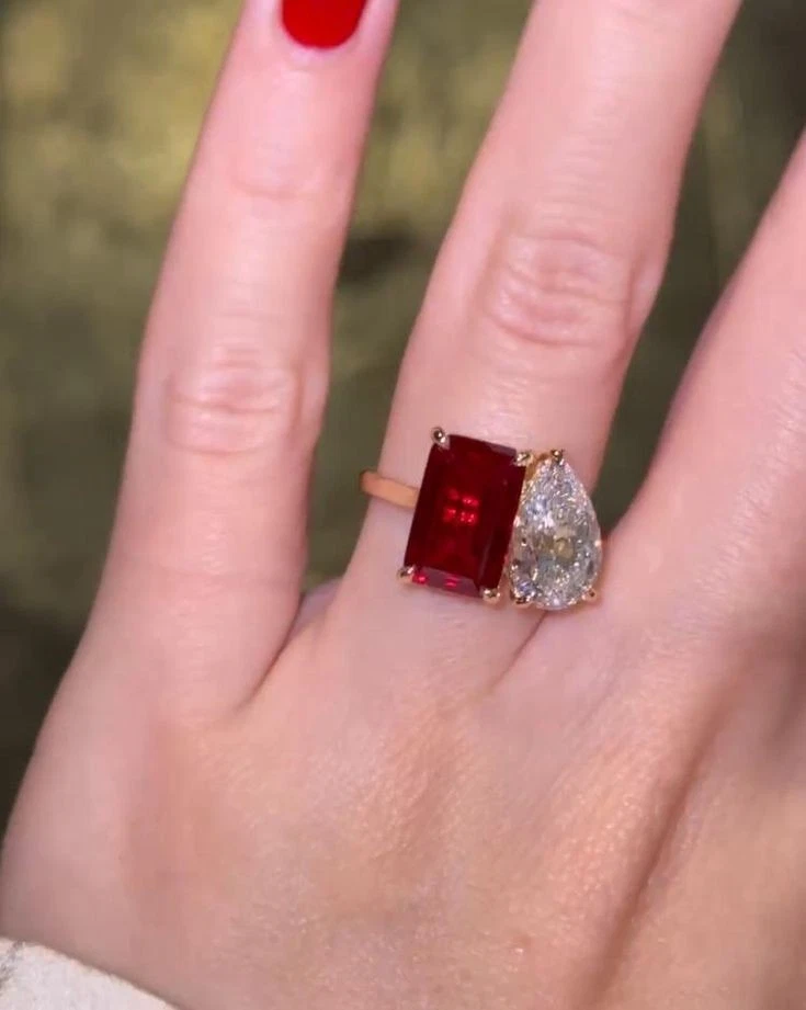 Luxury Red Emerald Cut Ruby Ring with Moissanite Pear Cut Women 14K Gold Plated - Image 2 of 4