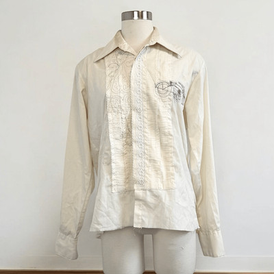 Vintage After Six Cream Tan 70s Dagger Button Up Shirt Top Bowling Shirt Medium
