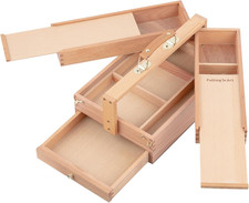 Artist Supply Storage Box, Portable Beechwood Toolbox with Drawer, Three Layer A